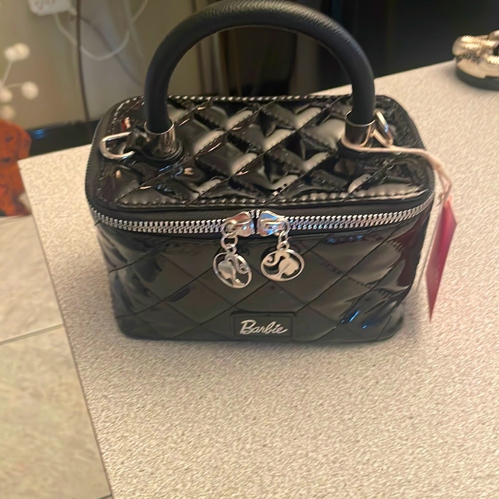 Barbie Black Quilted Patent Vanity Top-Handle Bag
